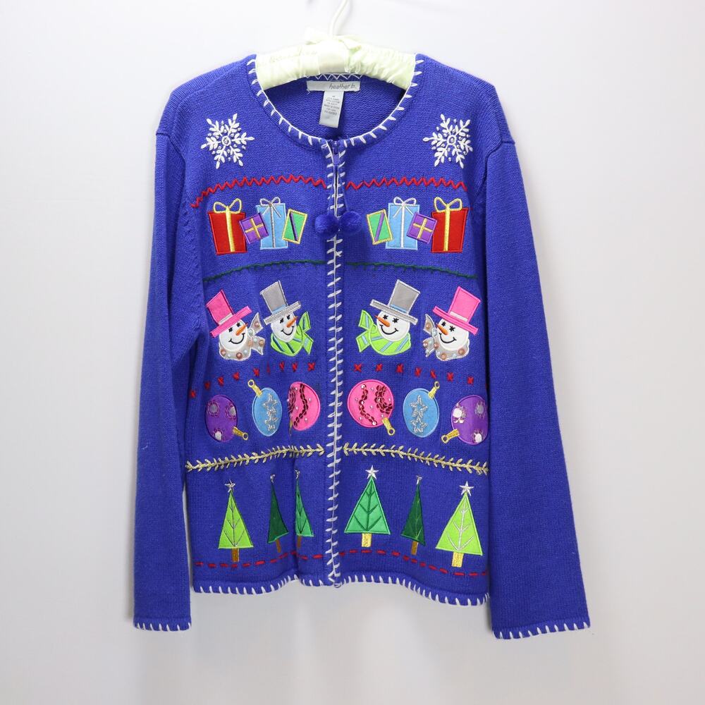 Vintage‎ Heather B Blue Snowman Christmas Cardigan Sweater M